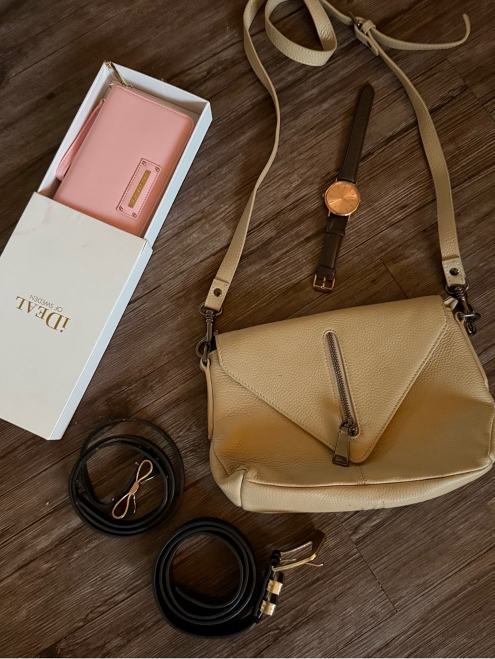 Status anxiety Soft Tan Crossbody Bag and accessories bundle - Genuine Leather